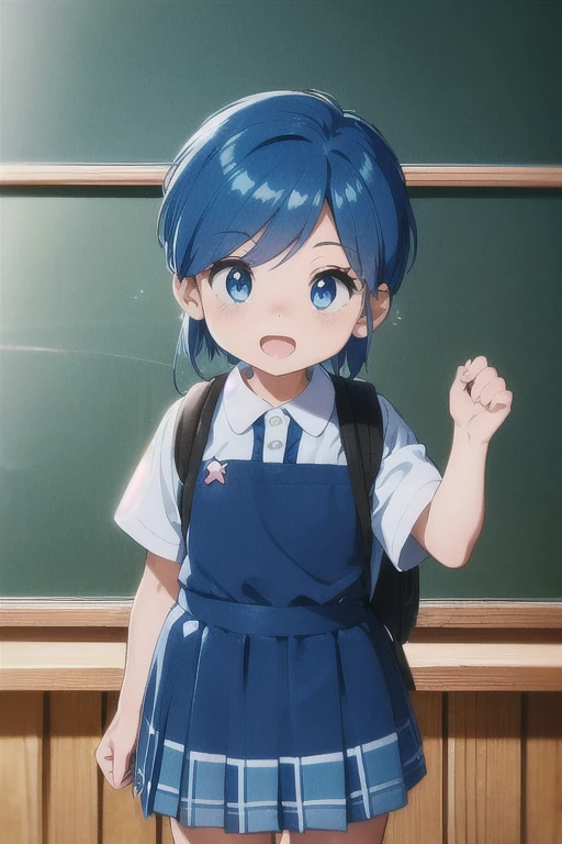 A kind of anime school, Blue Hair, without underwear, blue eyes, View from the front. Full of adorable students, la mayoría girls con uniforme escolar: White shirt, short plaid skirt and some kids in anime boy uniform. toddler, girl. Some carry backpacks. There are desks and a blackboard. anime style.