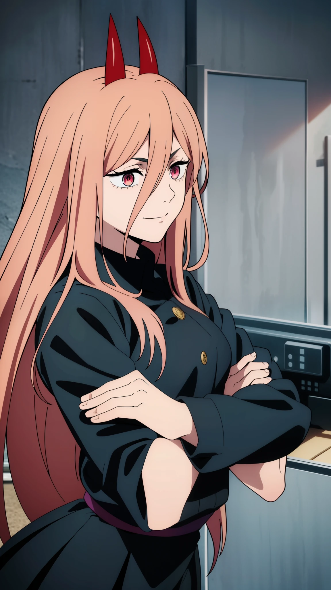 (high-quality, breathtaking),(expressive eyes, perfect face) 1girl, female, solo, teenager, pink hair, yellow and red eye color, long hair length, looking at viewer, half body, bright smile, kind face, cheerful expression, red sharp horns, anime shark teeth, dark black blue long sleeved shirt, collared shirt, ((dark black blue Skirt)), black thigh high socks, absolute territory jujutsu kaisen uniform, jujutsu high school uniform, flowy hair, feminine face, long straight hair, grey background, portrait, stylized hairstyle, Power from chainsaw man inspired, (vibrant light pink hair), powers eyes design