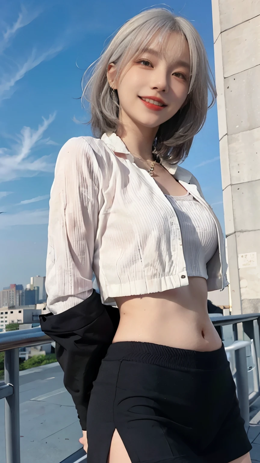 Best image quality、RAW Photos、超A high resolution、21 years old Korean、Small breasts、Dynamic Angle、Cowboy Shot、Chaos in its most beautiful form、elegant、Brutalist Design、Vibrant colors、Beautiful white hair、Short Bob、smile、fun、smile、Glowing White Skin、Beautiful eyes with random colors、Very thin lips、Beautiful eyes in every detail、 Narrow eyes、Cheeks are pale pink、Eyelash length、Beautiful double eyelids、eye shadow、Bright white hair、Black crop top、Lightweight see-through jacket、Transparent Top、Harem pants、Large park、Cafe、Shooting from the rear、turn around、The wind is blowing、Hair fluttering、Hand gestures