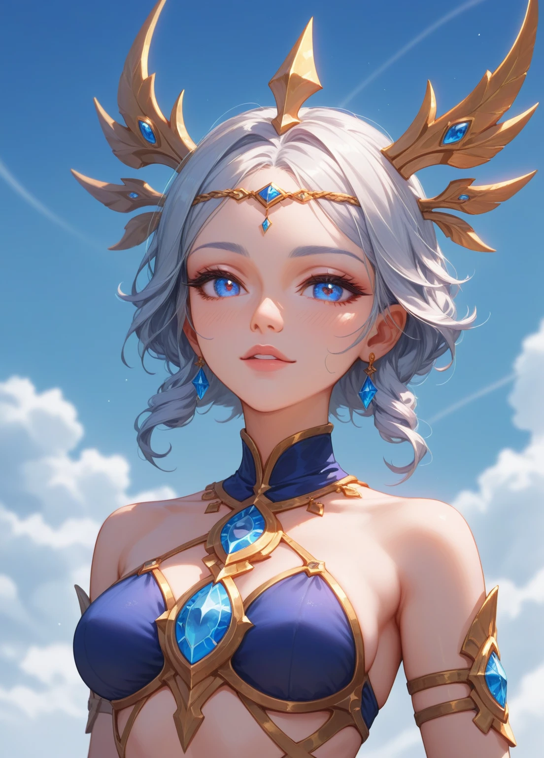 (masterpiece) (detailed) (close up) adult female paladin girl, revealing armor, fantasy plains background with brilliant sky, beautiful eyes, seductive look