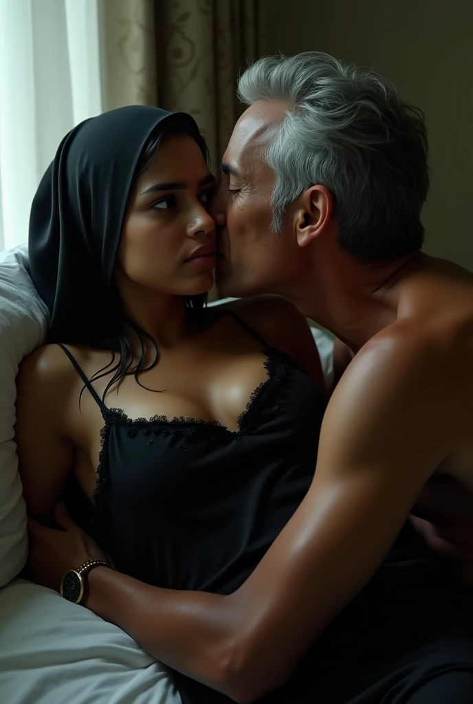 ((best quality)), ((masterpiece)), (detailed), 4K, perfect face, malay woman wearing hijab, 30 years old Man, 25 years old malay woman wearing hijab and bra, man kissing woman shoulder, man hugging woman from behind, man grabbing woman breast from behind, facing camera, Sex Anal (((Anal penetrate))) (((penis penetrate into her vagina))) ((masterpiece)) ((detailed)) ((realistic))((skin texture)) (4K) (((hijabi girl having sex, penis penetrate into her vagina ,big breast , doggy style , she is screaming in pain))) (((Ultra-realistic intricate details))) (((black neck chocker))) (((Eye makeup))), 21 Year Old, (((Cat ears))) ((Red lips)))(((Wearing: diamond necklace and earrings))) (((pubic hair is hairy:1.3))) (((wearing a Sexy belt design by LV))) (highres, high definition quality, realistic), one MalaysianIndonesian women naked, (topless, nude), plump saggy breasts, ((hijab)) ((masterpiece)) ((detailed)) ((realistic))((skin texture)) (4K) ((masterpiece)) ((detailed)) ((realistic))((skin texture)) (4K) hijabi girl having sex, penis penetrate into her vagina ,big breast , doggy style , she is screaming in pain  , 