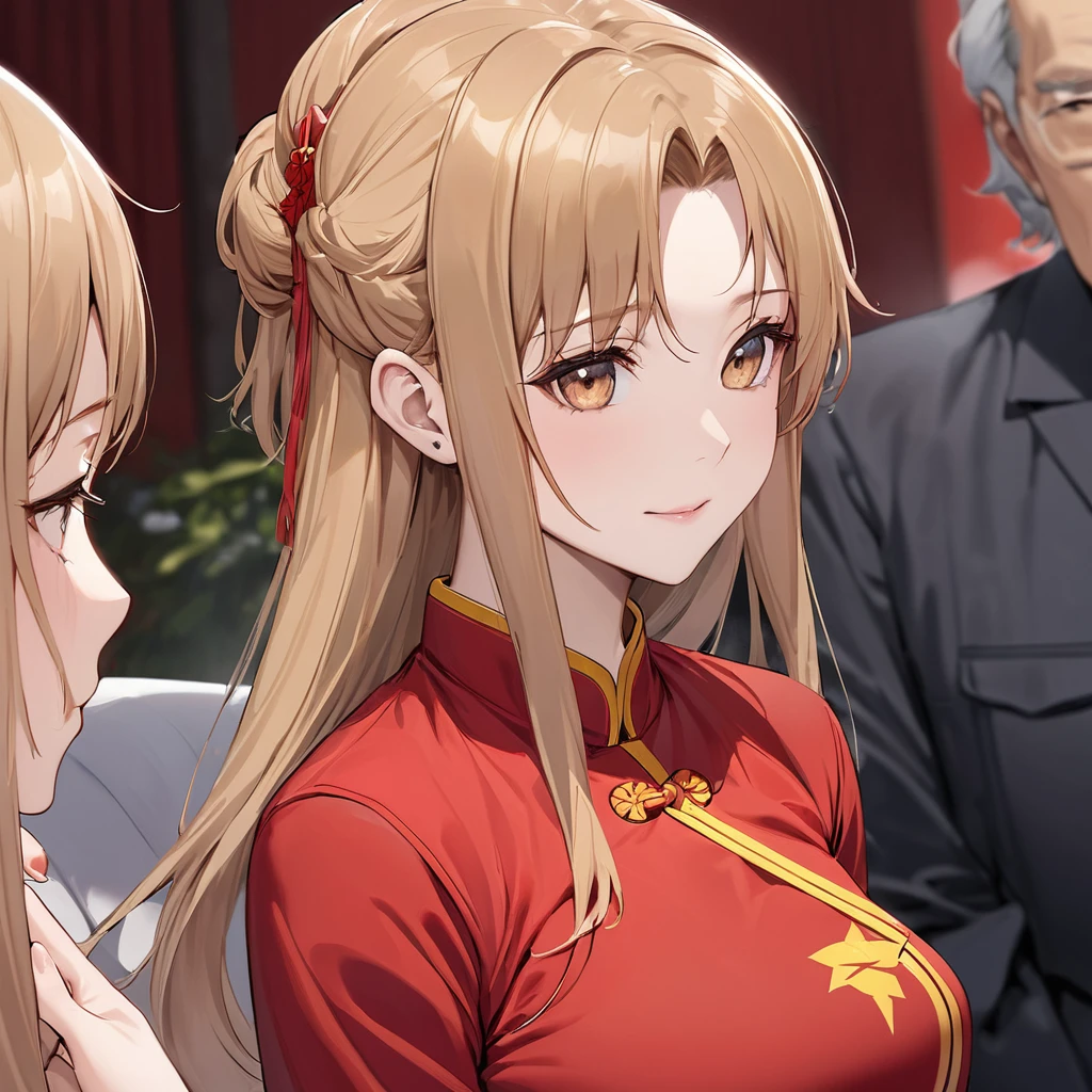 ((Highest quality)), ((masterpiece)), (detailed), (Perfect Face)、The woman is a Chinese woman named Yuuki Asuna.。, Light brown medium-long hair. She is wearing an engagement ring. She is a prominent member of the Chinese Communist Party.、She is the honored wife of a great old Communist Party cadre.、The woman is beautifully dressed in the gorgeous and glamorous red Communist Party uniform that is typical of the Chinese Communist Party.、An elegant Chinese lady in a posh room、A woman is a wonderful Chinese lady who loves and devotes herself to her husband, a good wife and mother, and the supreme joy of serving her husband and China is the absolutism of the Chinese Communist Party.