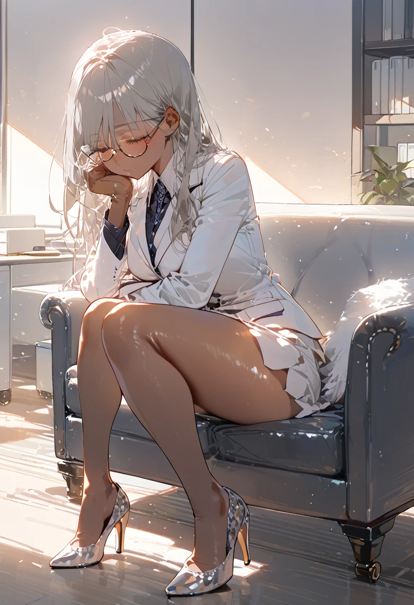 Grey Hair，Long Hair，Straight hair，Brown skin，Sunburned skin，Glasses，Mature Woman，Long eyelashes，White suit，Cross your arms，Office，Thighs，Short skirt，High heels，Sofa，sleep，Sleep，chest，underwear，Undress