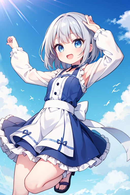 One girl, Hair blowing in the wind, Kirara Jump,blue sky,Raise your arms,Laughing, Shortcuts, Gray Hair, blue eyes, Short hairstyle