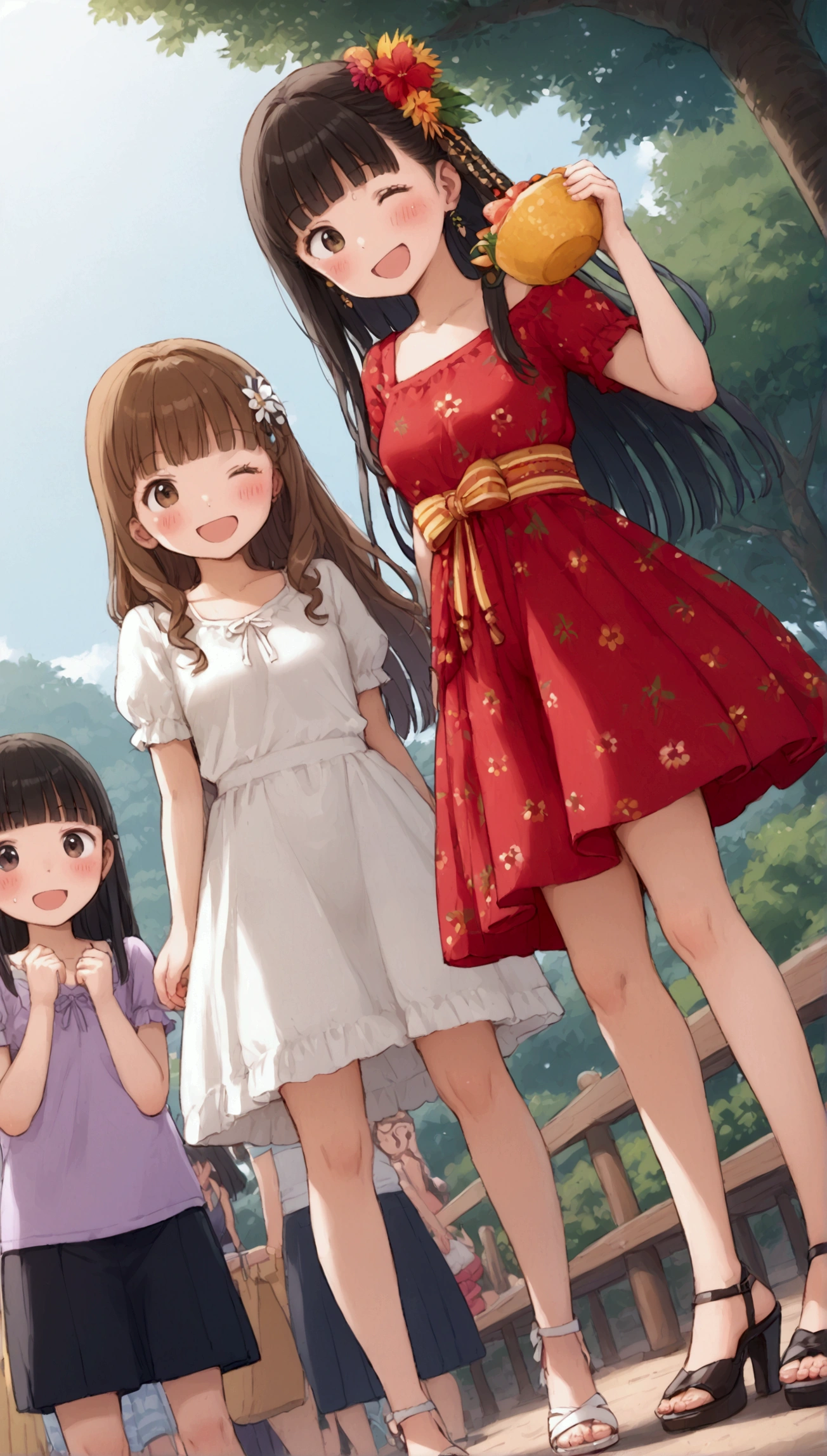 Very detailed, Highest quality, High resolution, Moe Anime, ((Three little girls in their underwear:1.2)), (Black Hair:1.4), (Baby Face), ((round face:1.4)), Cute eyes, Detailed eye depiction, Eyes sparkling, Dark eye color, View your audience, Pale skin, (Big eyes:1.4, Droopy eyes:1.4, Torogao:1.4), Focus on the face, In the park with cherry blossoms falling, ((The lower half is naked)), Bright Eyes, ((Nipples are visible through the fabric)), ((Petite)), ((Young)), ((nsfw:1.3)), (Flat Chest:1.5), ((Different braided hairstyles:1.4)), (A big smile:1.4), (Slightly below:1.4), ((Different bangs:1.2))