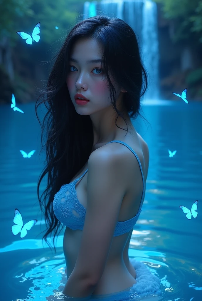 Image of an extremely beautiful woman,naked, in a magical phosphorescent blue lake, with white glitter on the face and lips, covering her breasts with her hands, very blue eyes, long wet jet black hair, full lips, in magic water, butterflies covering it, phosphorescent blue light, very beautiful