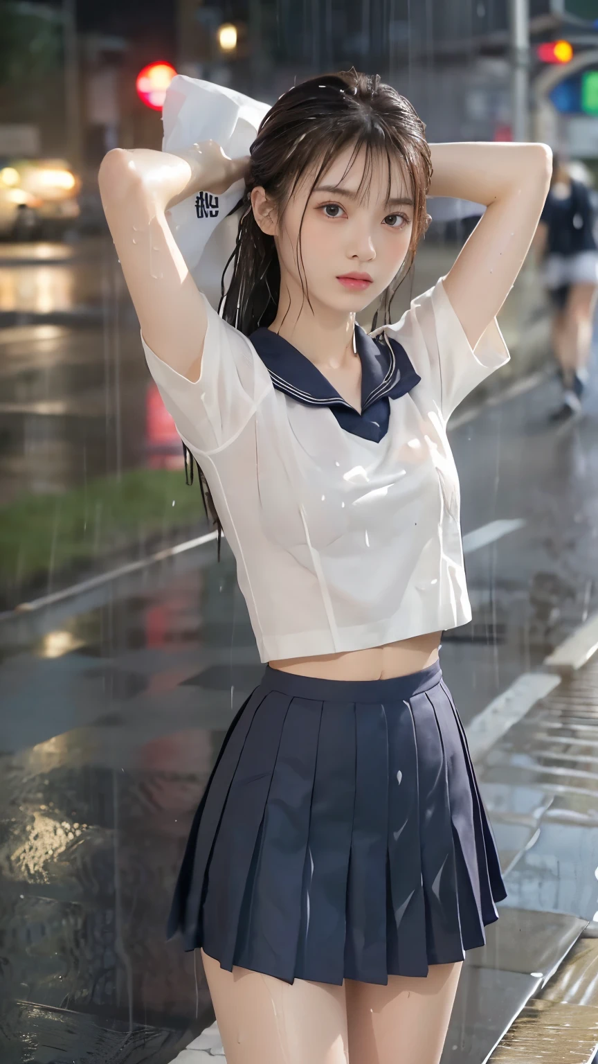 Front view;1.21, See the viewer:1.21, above the knee shot:1.21, ((masterpiece, Highest quality, Best Wallpaper:1.21)), ((get wet:1.5)), (Raise your arms, Please show me your armpits:1.3), (Beautiful breasts, Flat Chest), legs apart, Japanese women, 17才のJapanese women, Anatomically correct proportions, ((Small Head:1.5)), Brown Hair, Low ponytail hair, Let your bangs hang long, Anorexic skinny body:1.37, ((skinny body, Waistline:1.37)), Glowing Skin, (Soaked in the rain, Sailor uniforms from famous Tokyo Metropolitan High Schools, Short sleeve clothing, Short-sleeved sailor uniform:1.21, sera fuku:1.21, The upper body is wearing a uniform:1.21, Navy Pleated Skirt, Black Bra), Underwear is visible, socks, loafers, heavy rain, rain, On the city streets, Cyberpunk City, Movie Lighting, 