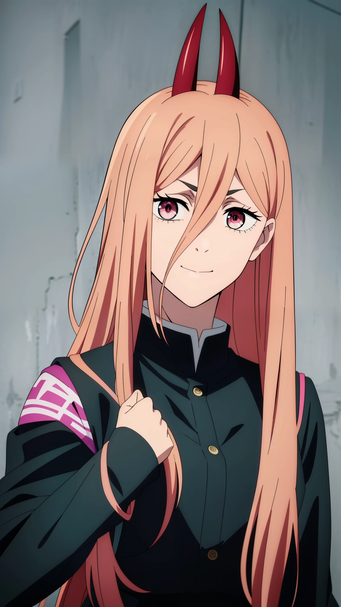 (high-quality, breathtaking),(expressive eyes, perfect face) 1girl, female, solo, teenager, pink hair, yellow and red eye color, long hair length, looking at viewer, half body, bright smile, kind face, cheerful expression, red sharp horns, anime shark teeth, dark black blue long sleeved shirt, collared shirt, ((dark black blue Skirt)), black thigh high socks, absolute territory jujutsu kaisen uniform, jujutsu high school uniform, flowy hair, feminine face, long straight hair, grey background, portrait, stylized hairstyle, Power from chainsaw man inspired, (vibrant light pink hair), powers eyes design