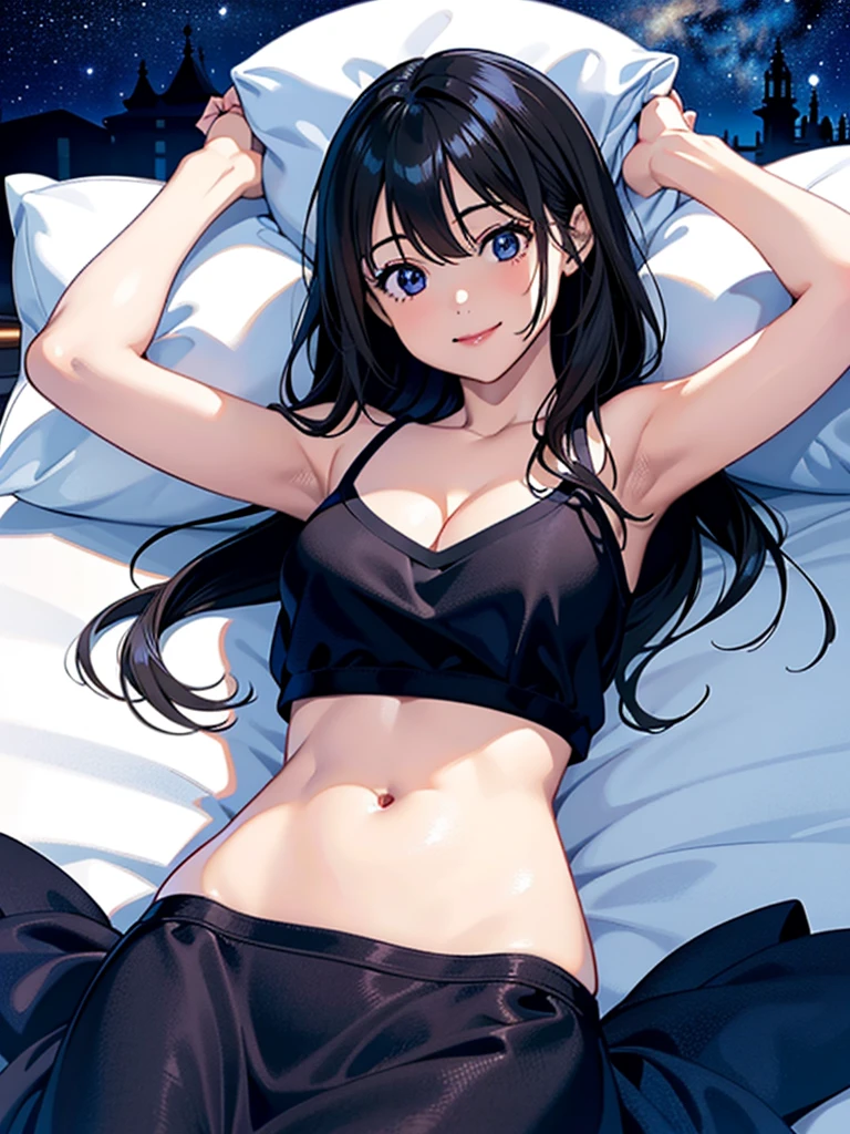 (1woman,solo),20 year old beauty、black hair,long hair, blunt bangs、black eyes,shy look、((white cotton bra:1.5、white cotton panties:1.5,In underwear)),(skinny1.2,slender body,medium breasts,sweat:1.2),Simple bed、sitting,(masterpiece Best Quality, absurderes, Perfect Anatomy, Unity 8k Wallpapers,best cell anime), Detailed beautiful face and eyes,