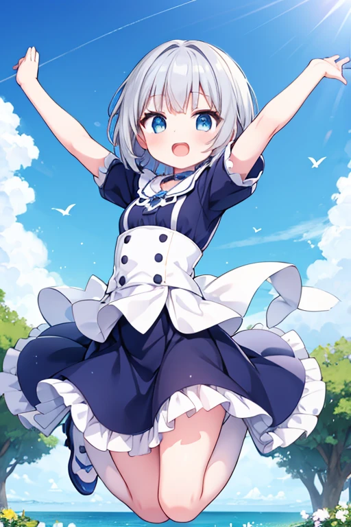 One girl, Hair blowing in the wind, Kirara Jump,blue sky,Raise your arms,Laughing, Shortcuts, Gray Hair, blue eyes, Short hairstyle,Jump with both legs bent,whole body