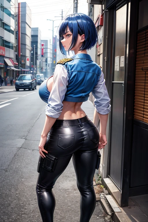 esdeath, long hair, hat, peaked cap, military, uniform, military uniform, choker, thighhighs, boots, thigh boots, chest tattoo(Beautiful detailed breasts),(Huge breasts), (((sexy pose, model pose, standing pose)))bra,street,sunny day,back view
