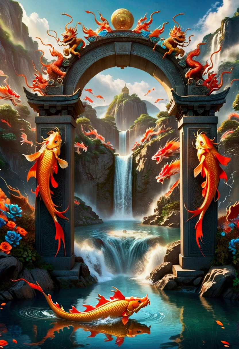 scene of Carp passing through the gate of heaven and turning into a dragon, one at the top turns into a carp with the head of a dragon, Chinese dragons are very beautiful, many carp are jumping from the water surface above the waterfall, Depth of field perspective Large, Vivid waterfall effects and details, Excellent image quality, High resolution