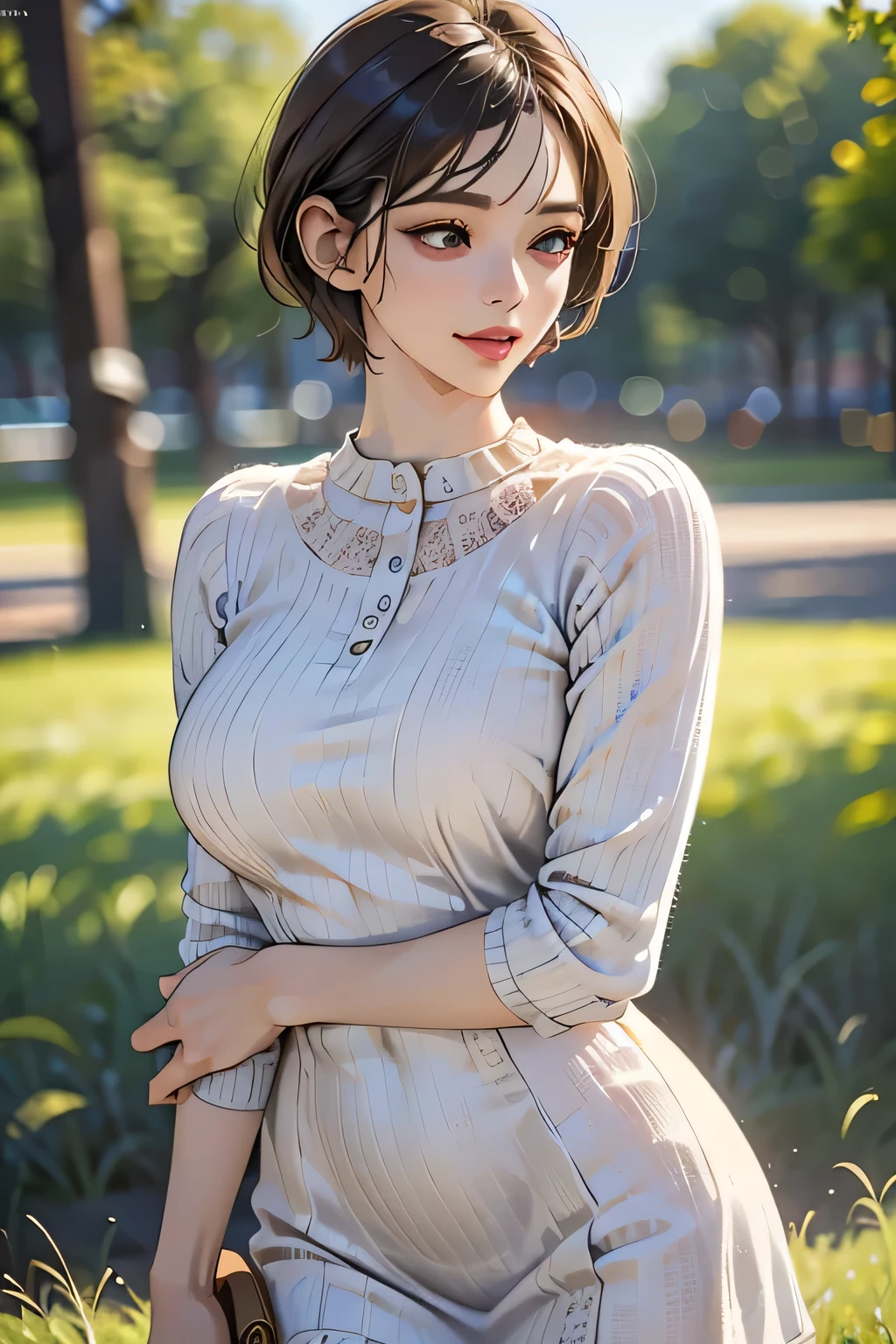 （Best Quality,4K,8k,High resolution,masterpiece:1.2),Very detailed,(Realistic,photoRealistic,photo-Realistic:1.37),High resolution,超High resolution,Ultra-fine painting,Sharp focus,Physically Based Rendering,Very detailed explanation,professional,Vivid Colors,bokeh,Portraiture,1 girl,(Big Breasts),grassland,so beautiful, (Gorgeous short dress), Curvy Body,Cowboy Shot