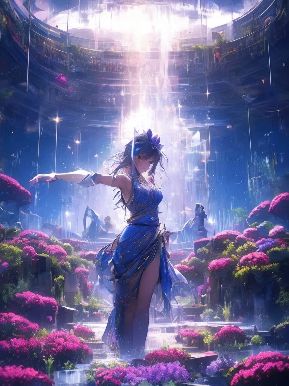 **プロンプト**:  
"Inside a large, illuminated water tank, a dancer performs gracefully, her movements fluid and mesmerizing, as if she’s part of the water itself. Her flowing dress billows out around her, creating soft ripples in the water with every motion. The soft light filters through the water, casting ethereal beams that surround her as she twirls and sways. Small fish swim around her, adding to the magical ambiance, their colorful bodies darting through the water in sync with her dance. The tank is adorned with vibrant aquatic plants and coral, creating an underwater stage that is both enchanting and surreal." 

This captures the delicate, dreamlike performance of a dancer within a water-filled environment.