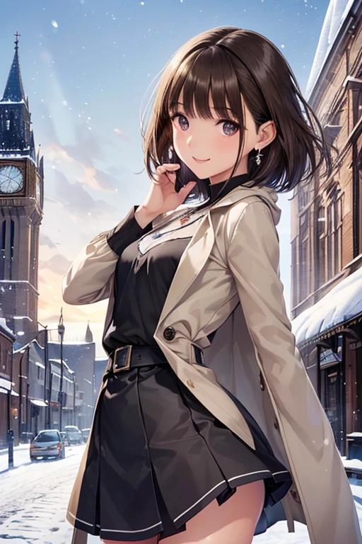 anegasaki nene、Shiny brown hair, short hair, (Beautiful brown eyes、Sparkling eyes, Fine grain)、smile、Ultra-detailed eyes、Highly detailed face, Highly detailed eyes,Cowboy Shot、
((Biologically correct limb count))、4K、masterpiece、Eye for detailed depiction、Beautiful woman、Excellent style、Beautiful arms、Beautiful feet、Beautiful Hands、Slender body、(Small Ass、Thin thighs)、(Black Stockings、High heels)、Detailed depiction of the face、
Small earrings、necklace、(Upper body shirt、Lower body skirt、coat)、Snowy morning town、Meet in front of the clock tower、Face close-up、smile、clear