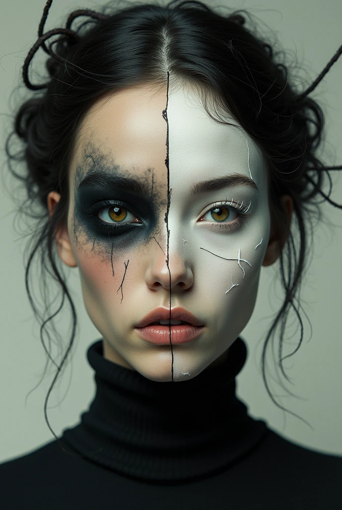 imaginative dark gothic fantasy concept art,bleak,vibrant immersive woman's face split in half,left side is pale skin brightly lit,right side is dark, Hyperrealistic art cinematic film still photography in the style of detailed hyperrealism photoshoot