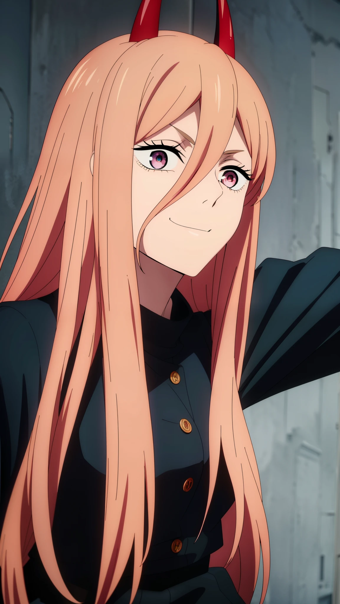 (high-quality, breathtaking),(expressive eyes, perfect face) 1girl, female, solo, teenager, pink hair, yellow and red eye color, long hair length, looking at viewer, half body, bright smile, kind face, cheerful expression, red sharp horns, anime shark teeth, dark black blue long sleeved shirt, collared shirt, ((dark black blue Skirt)), black thigh high socks, absolute territory jujutsu kaisen uniform, jujutsu high school uniform, flowy hair, feminine face, long straight hair, grey background, portrait, stylized hairstyle, Power from chainsaw man inspired, (vibrant light pink hair), powers eyes design