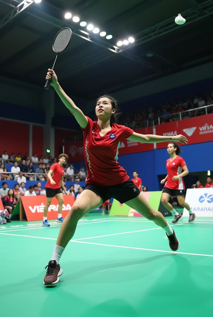 Chinese women's badminton,Women's Doubles,Red outfit,Beautiful facial features,White skin,full-body shot,Panoramic vistas,Wide-angle lens,Serve,Catch the ball,Jump Smash,Intense stimulation,Olympic indoor venues background