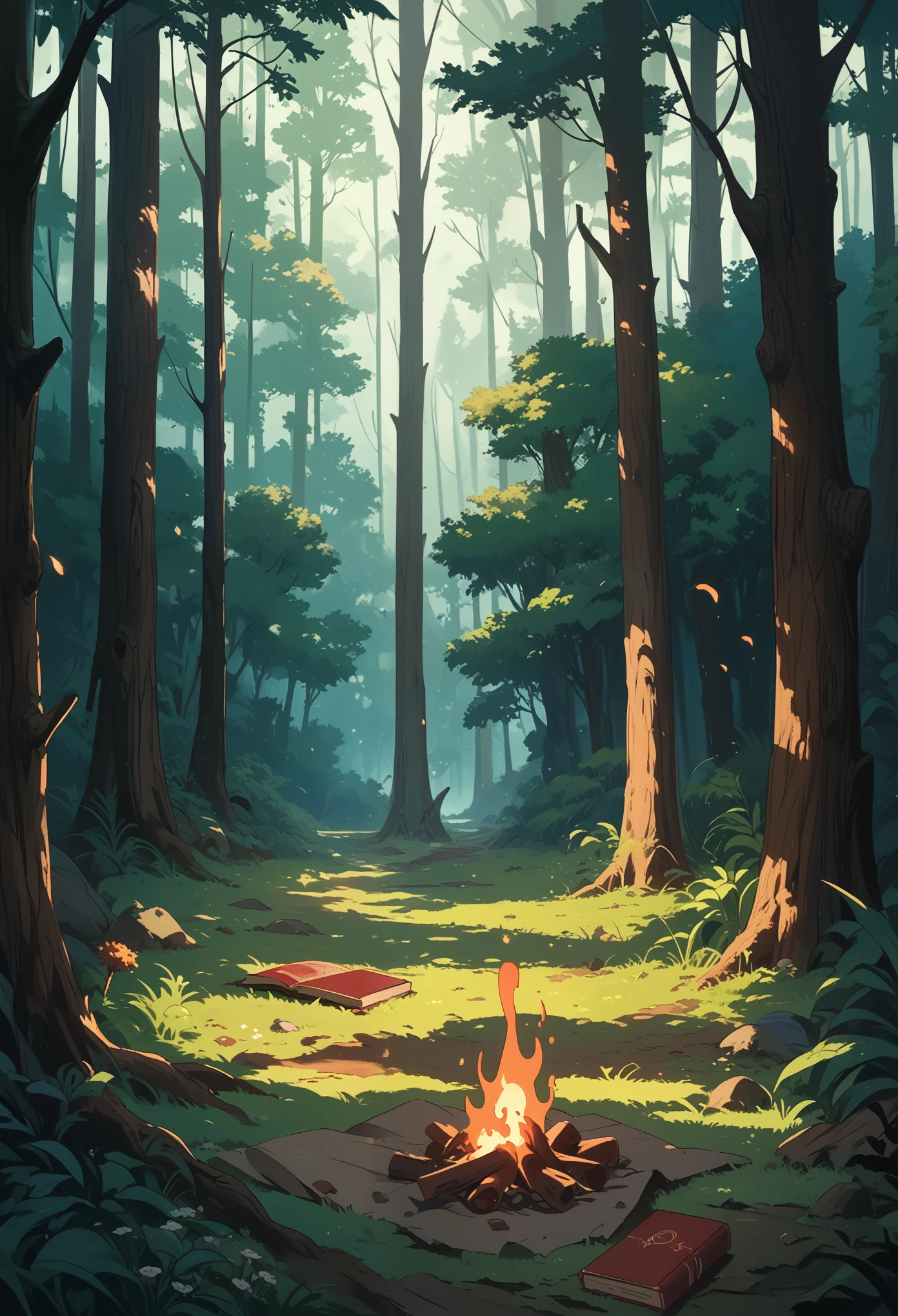 A serene digital painting of a dense, mystical forest under the night. Slender trees with a light haze hanging amidst their trunks, casting soft shadows on the forest floor. In the center, a small, cozy campfire gently flickers, its warm light contrasting the cool, blue and green hues of the surroundings. Just in front of the fire, an open red book lies on the grass, surrounded by scattered daisies and shurikens, kunai, besides other ninja equipment, subtly blended into the forest floor, meticulously arranged objects.