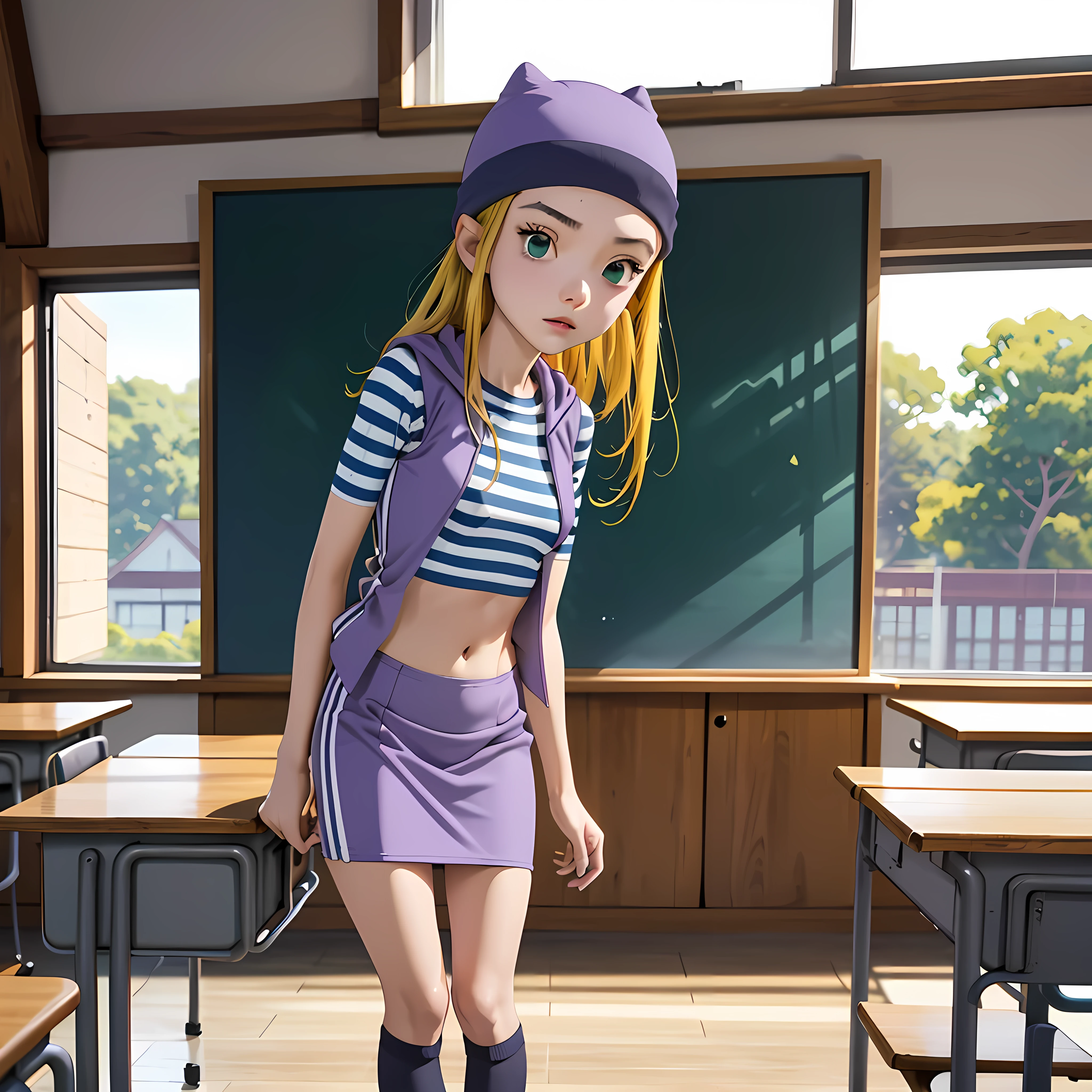 (masterpiece, best quality), 1girl, izumi Orimoto, indoors, classroom, green eyes, blonde hair, long hair, purple beanie, purple vest, purple miniskirt, blue white striped shirt, long purple socks, purple vest, striped shirt, navel shirt, small  size breast. skirt lift