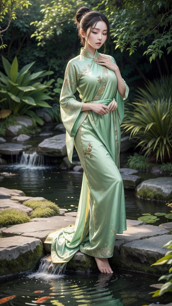 Mixing the fashion of Nausicaä of the Valley of the Wind and Princess Kushana.、Create a fashionable illustration that could be shown at Paris Fashion Week。The trend color is emerald green.