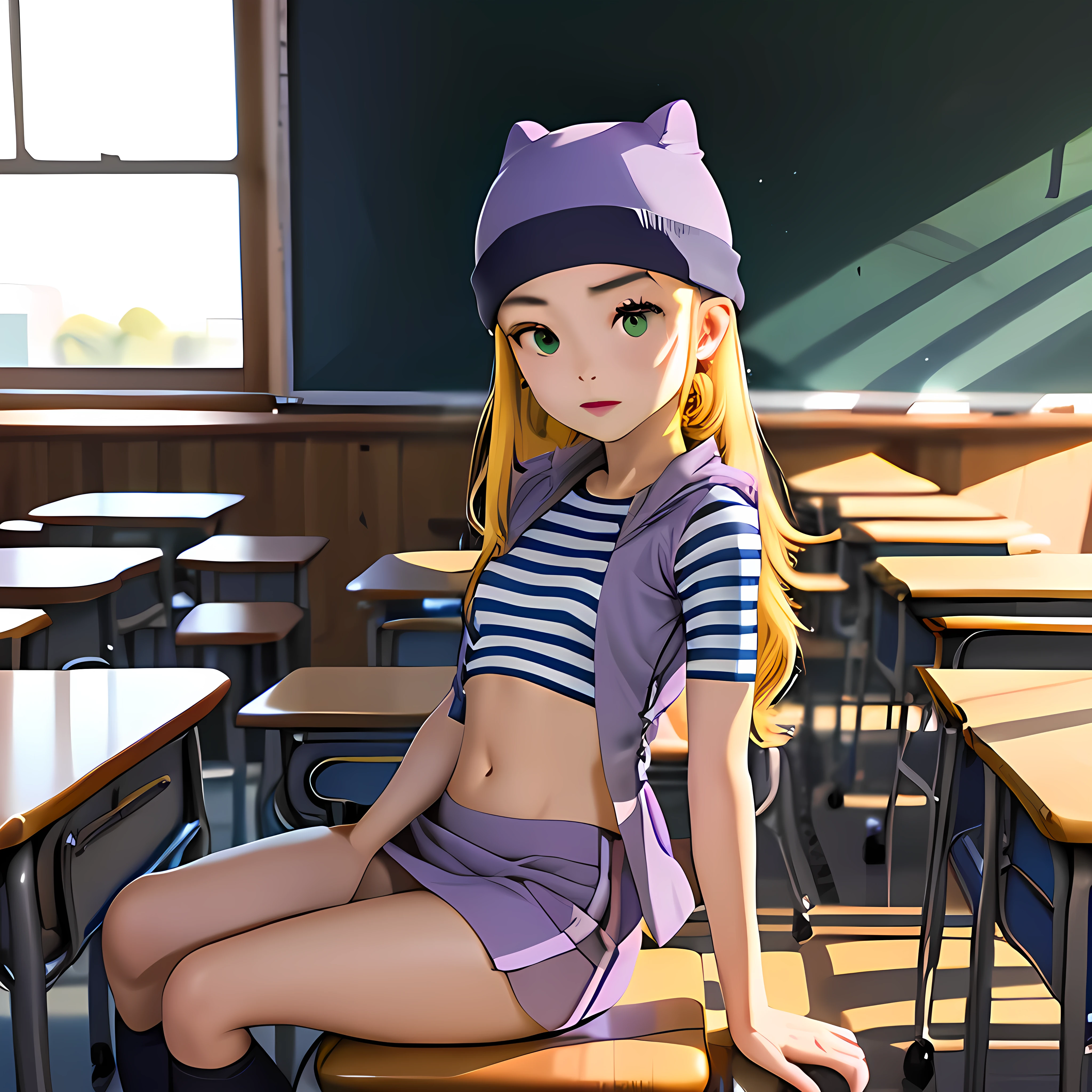 (masterpiece, best quality), 1girl, izumi Orimoto, indoors, classroom, green eyes, blonde hair, long hair, purple beanie, purple vest, purple miniskirt, blue white striped shirt, long purple socks, purple vest, striped shirt, navel shirt, small size breast. skirt lift