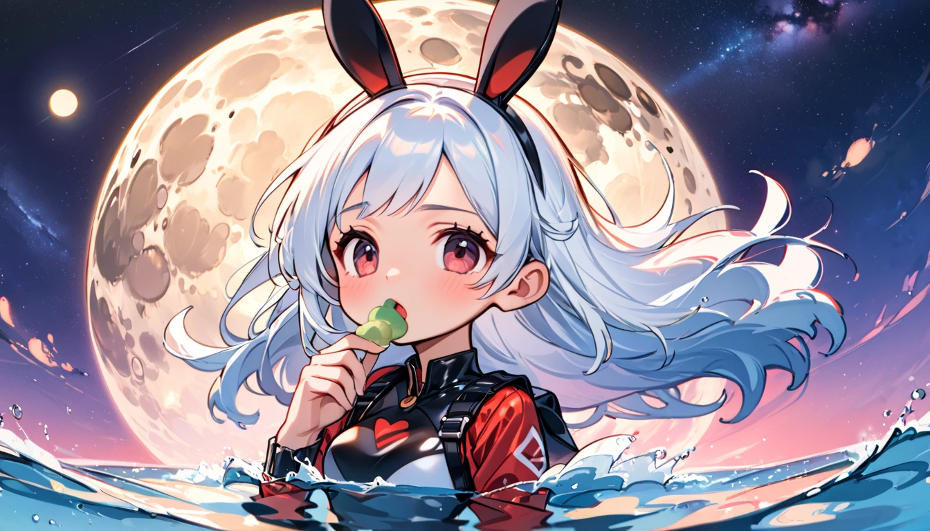 (Best quality, Masterpiece:1.2), Ultra detailed, 1girll, Bust photo，White hair，Bunny ears，floated hair，Red-black eyes，full moon，Keep one's mouth shut，onepiece，One Piece