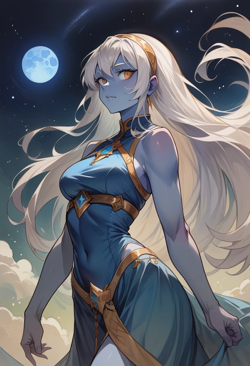 1 girl,(blue skin),colored skin,white hair,long hair,headband,blue gem on forhead,blue dress,gold ornament,gold harness,skimpy hip,bangs,deep of filed,cinematic lighting,floating,blue moon,starry sky,sleeveless,pov,look at viewer,on top,dark room,lighting,glowing eyes,(SuperQuality:1.0) ~ (SuperQuality:1.2), AissistXLv2, unaestheticXL_bp5