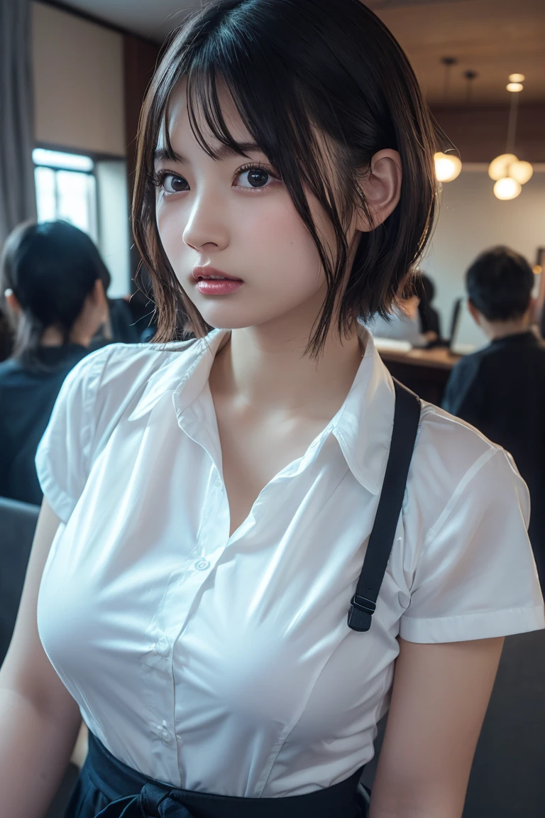 (8k, RAW photo, best quality, masterpiece:1.2), (realistic, photo-realistic:1.37), ultra-detailed,
1 girl,cute, solo,beautiful detailed sky,detailed cafe,night,sitting,dating,(nose blush),(smile:1.1),(closed mouth),large breasts, seductive smile, large aparture, professional lighting, Sony A7R4, Zessie 50mm F1.8,
medium breasts,beautiful detailed eyes,(collared shirt:1.1), bowtie,pleated skirt,(short hair:1.2),floating hair