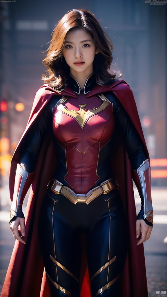 High resolution, Ultra high definition, high quality, masterpiece, woman、30th Generation、Center parted hair、Large Breasts, Perfect Style、Hero suit with cape and logo on chest、Dynamic pose、Superhero、Downtown Tokyo、