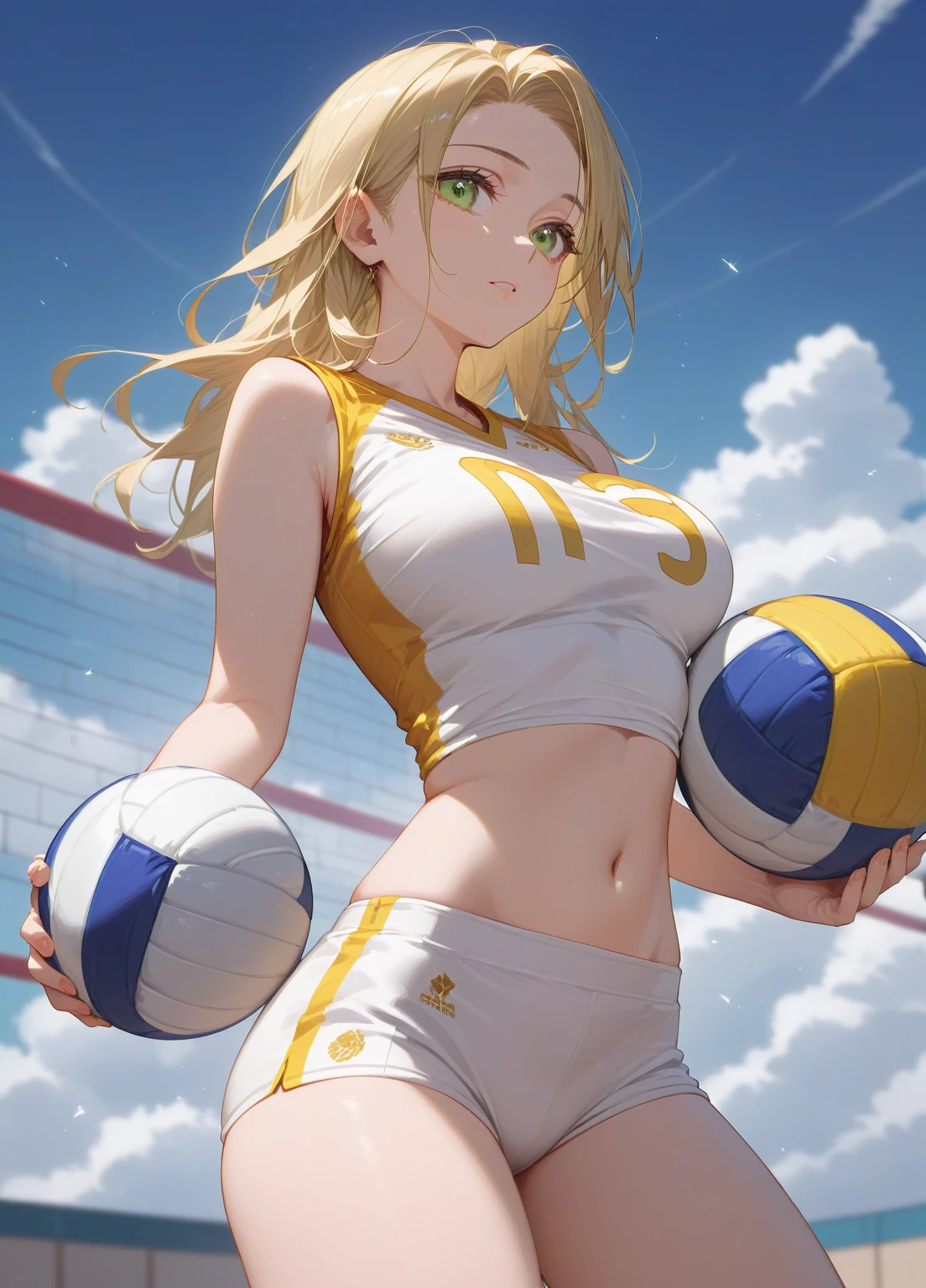 (1girl) (masterpiece) (detailed) adult female green eyes blonde girl, wearing revealing volleyball uniform, no logos