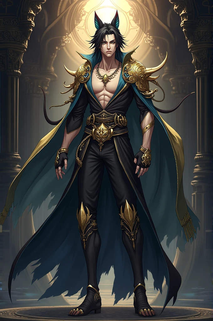 Young man, effeminate face, sorcerer, very short black hair, freckles, very light blue fluorescent eyes, lots of tattoos, snake tattoo, rat tattoo, oriental pants, Japanese , oriental, desert, marble castle, blue magic, detailed face, detailed eyes, detailed hair, full body, desert greenery, desert plant, wind, magic wand, Arab city.