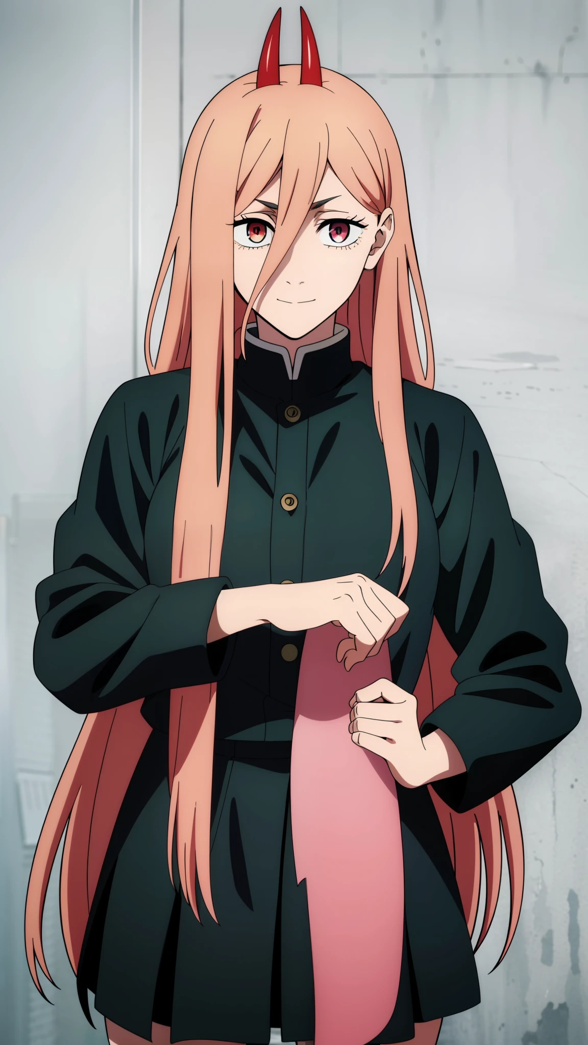 (high-quality, breathtaking),(expressive eyes, perfect face) 1girl, female, solo, teenager, pink hair, yellow and red eye color, long hair length, looking at viewer, half body, bright smile, kind face, cheerful expression, red sharp horns, anime shark teeth, dark black blue long sleeved shirt, collared shirt, ((dark black blue Skirt)), black thigh high socks, absolute territory jujutsu kaisen uniform, jujutsu high school uniform, flowy hair, feminine face, long straight hair, grey background, portrait, stylized hairstyle, Power from chainsaw man inspired, (vibrant light pink hair), powers eyes design