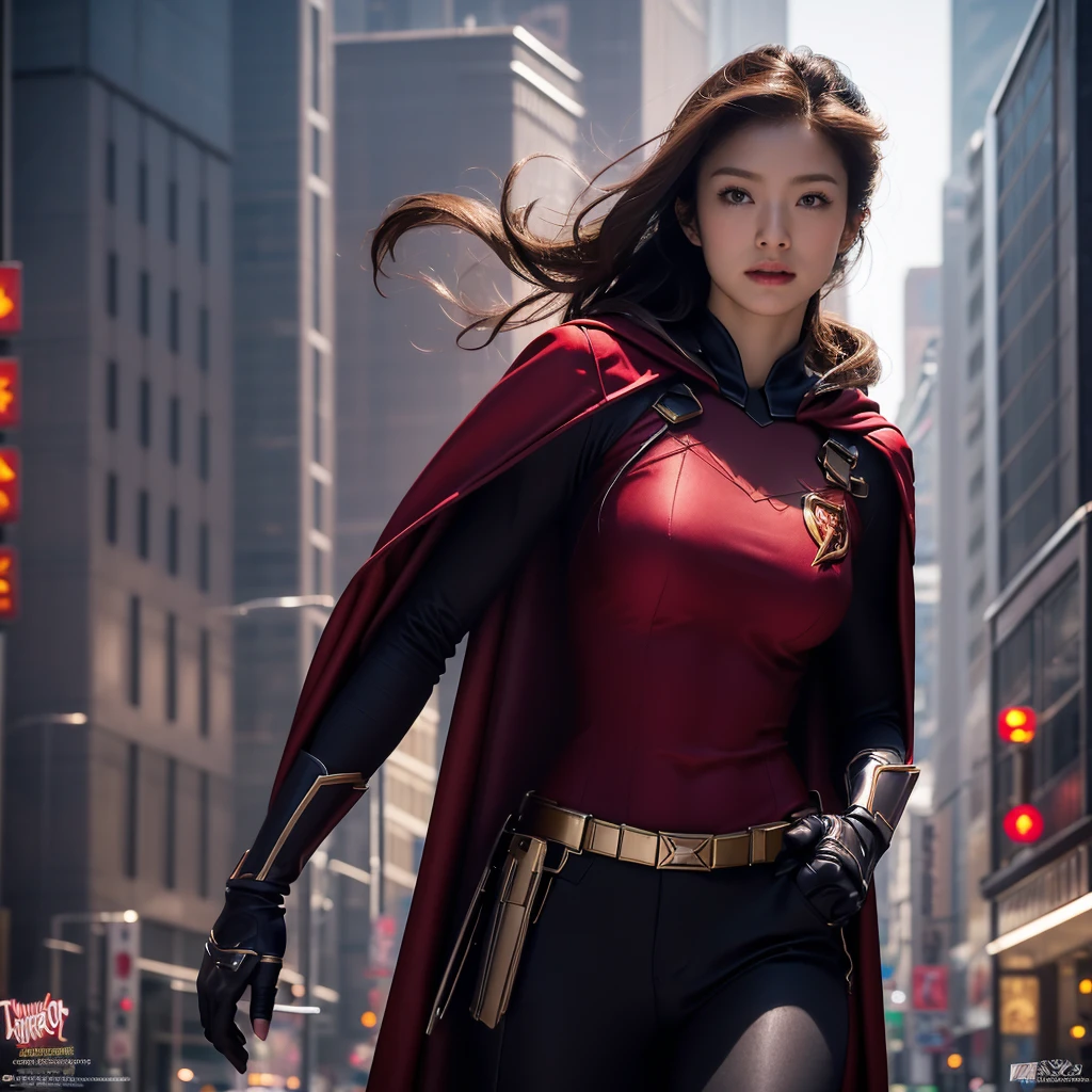 High resolution, Ultra high definition, high quality, masterpiece, woman、30th Generation、Center parted hair、Large Breasts, Perfect Style、Hero suit with cape and logo on chest、Dynamic pose、Superhero、Downtown Tokyo、