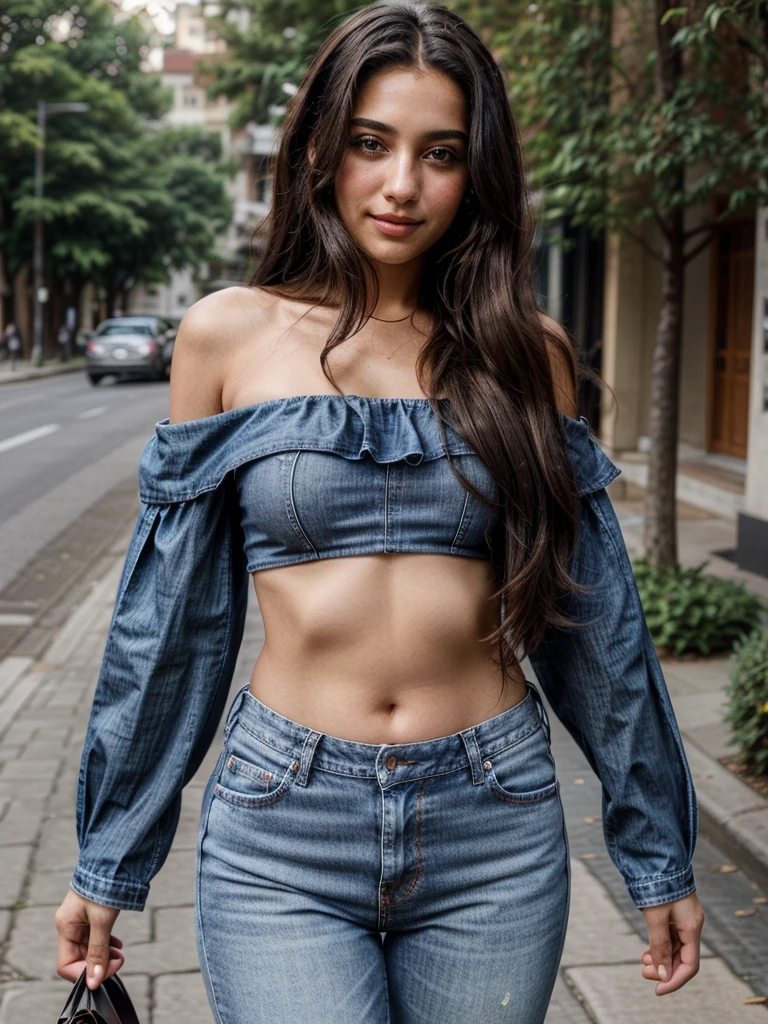 1 belle femme adulte, Corps glamour, corps dodu, coiffure courte grise, peau lisse, yeux bleus, sourire, seducting souriree, Maquillage fantaisie, thick eye makeup, pink lips, (off-the-shoulder sheer lace crop top, flared sleeve), (Pantalon chaud sexy), porte-jarretelles, fishnet tights, Sandals tricotées, Realistic, super Realisticic 8K, super detailed and Realisticic, Des poses audacieuses, Gros cul, Centre-ville Urbain