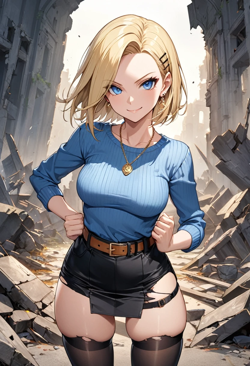 blonde short hair,Large Breasts,White vest,pantyhose,Denim skirt,ruined city,Damaged clothes and pants