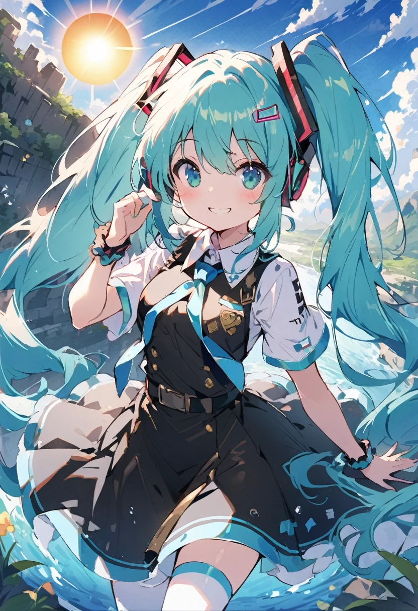 8K,(masterpiece),high resolution,best quality,(ultra-detailed),ultra detailed eyes,solo girl,(Draw a lot of graffiti on the sails of the ship:1.2),very smile,closed eyes,open mouth,her arms crossed,wide-shot