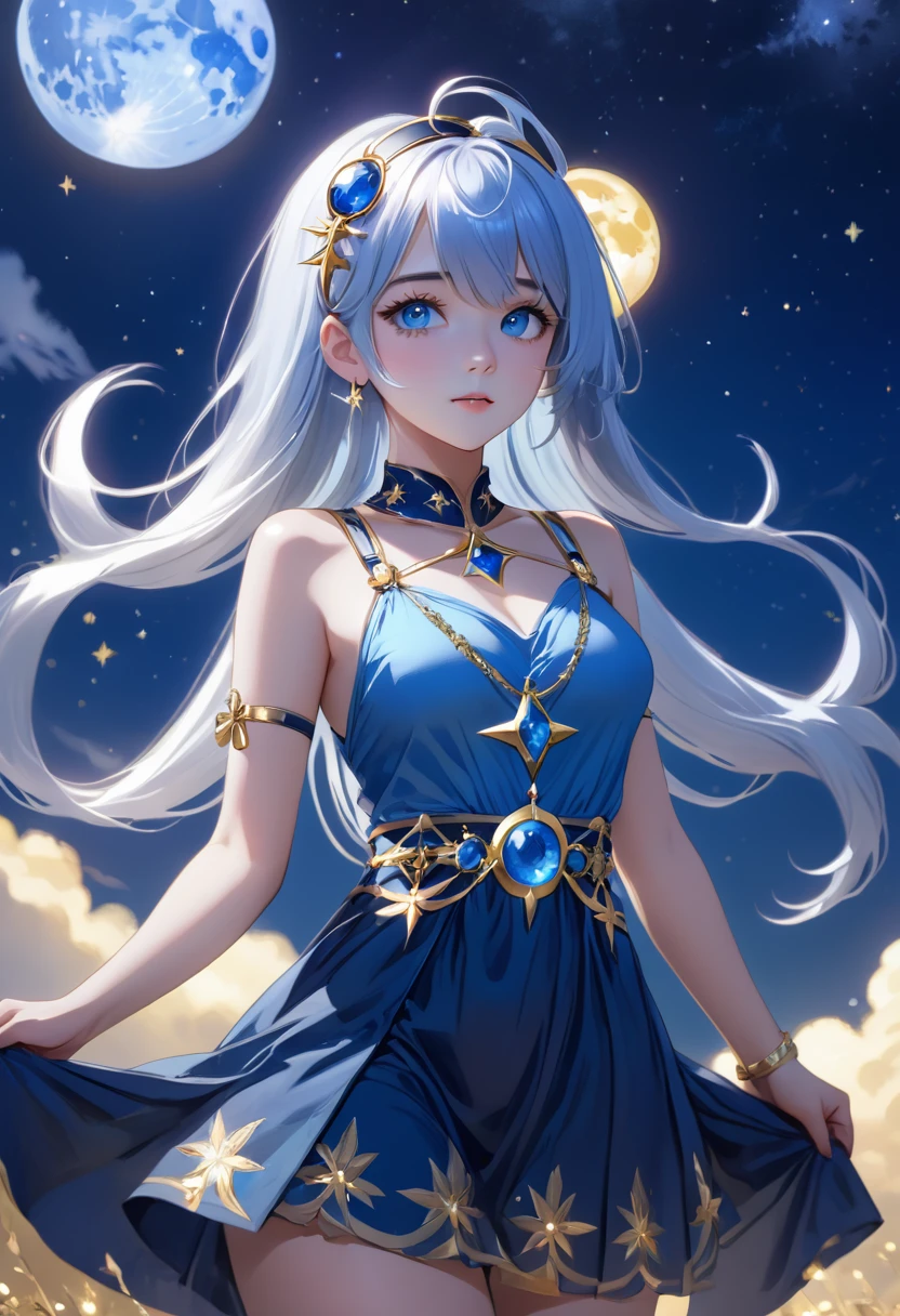 1 girl,(blue skin),colored skin,white hair,long hair,headband,blue gem on forhead,blue dress,gold ornament,gold harness,skimpy hip,bangs,deep of filed,cinematic lighting,floating,blue moon,starry sky,sleeveless,(SuperQuality:1.0) ~ (SuperQuality:1.2), AissistXLv2, unaestheticXL_bp5