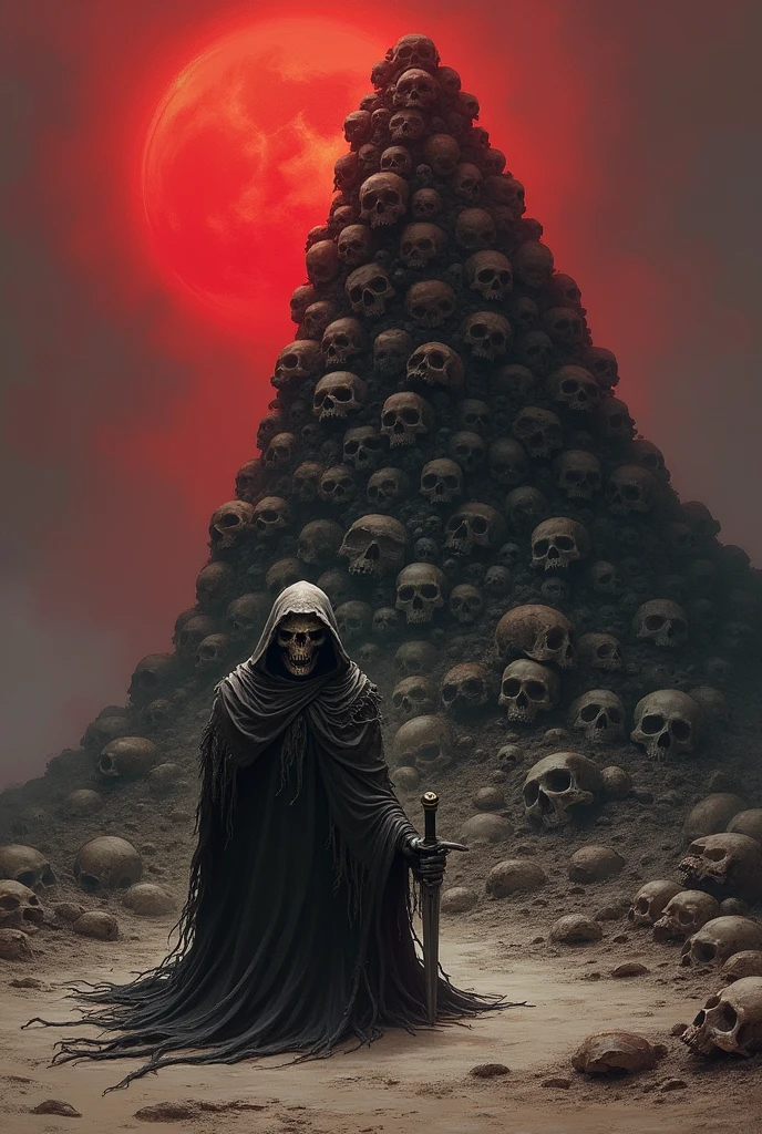 dystopian,Zdzisław Beksiński style,Black Skull Cave,Rained,up-close,Grandiose scenes,Marvel at the scene,Black metal skeleton zombie man,Wide shot, From below, From behind, Dutch angle,Blood flow,Scary atmosphere,Spooky atmosphere,MuCoi,Ultra-wide angle, Sony FE GM,Rivers of blood flow,River of blood,The skeleton bleeds,Bleeding from the eye socket bone,Bleeding from the bones of the mouth,Bleeding from the bones of the nostrils