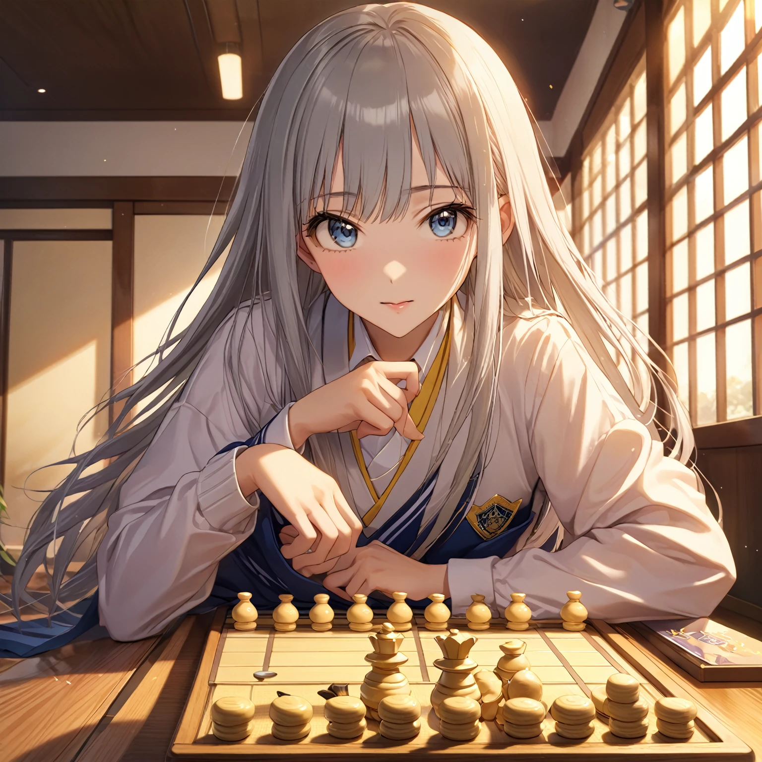 masterpiece,Best Quality,High resolution,Very detailed,Arbourne,Silver Hair, eyelash,blue eyes,Silver Hair, high school student, School, Student Council President, Long Hair, Playing shogi