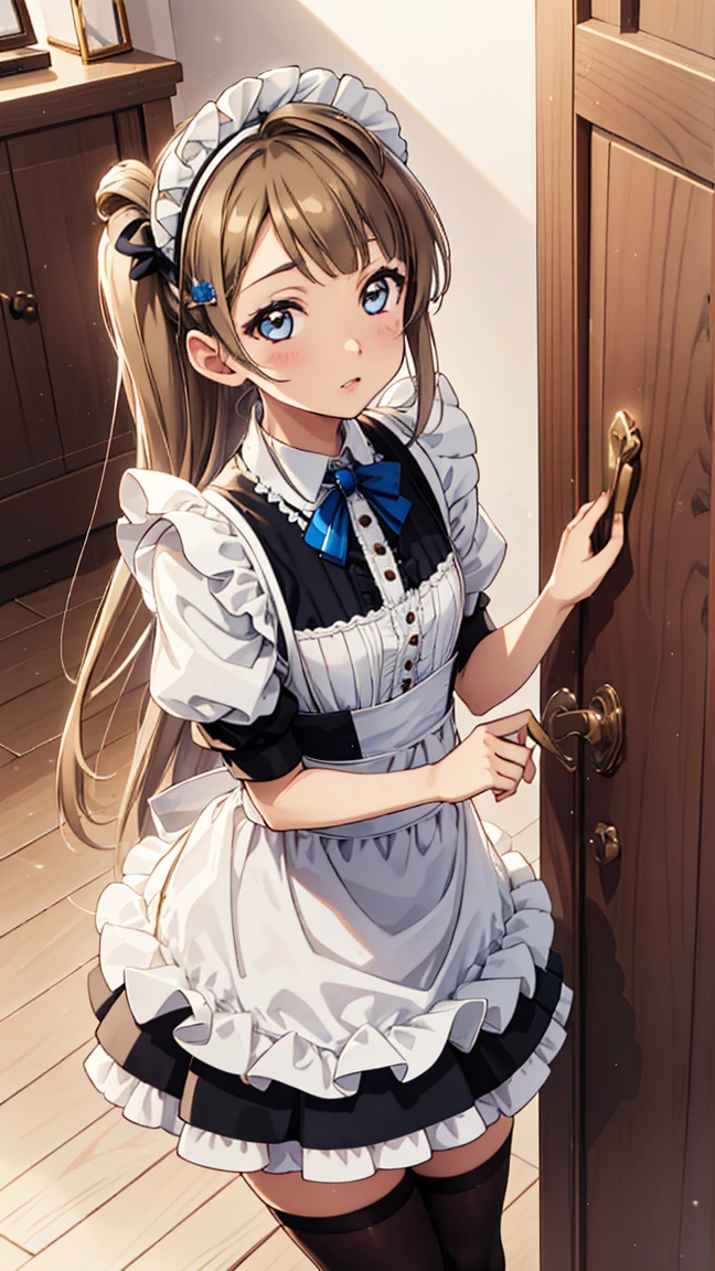 Minami Kotori, one side up, Hairband, Masterpiece quality, high resolution, unity 8k wallpaper, illustration, Delicate eyes, Rich facial details, Highly detailed CG, Glossy lips, Light makeup, maid,, small maid apron, Thigh high socks