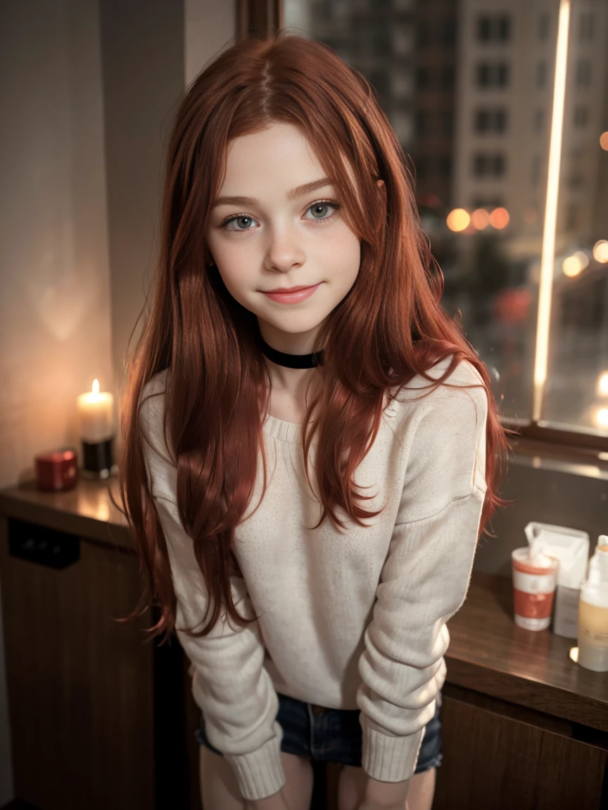 (((solo girl))) (1girl) from behind, full body shot, underneath shot, raw photo, (12yo skinny redhead girl:1.2), ((baby face)) ((intense red hair)) ((very long hair)), blushing, graphic eyeliner, rouge, (lipstick:0.6), (choker:0.9), realistic skin texture, oversize knit sweater, (red:0.8), softcore, warm lighting, cosy atmosphere, instagram style, nsfw , naive, shy, short, thin, fit, beautiful, cute, pale skin, ((just a little smile)) ((blushing smile)), very suggestive open legs, sexy pose.
