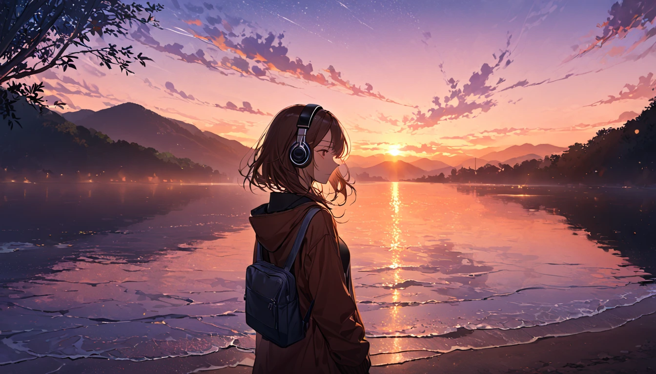 Girl wearing headphones,Brown Hair,1 person,Detailed Background,「Silence before dawn」 - Enjoy the morning silence,A long shot