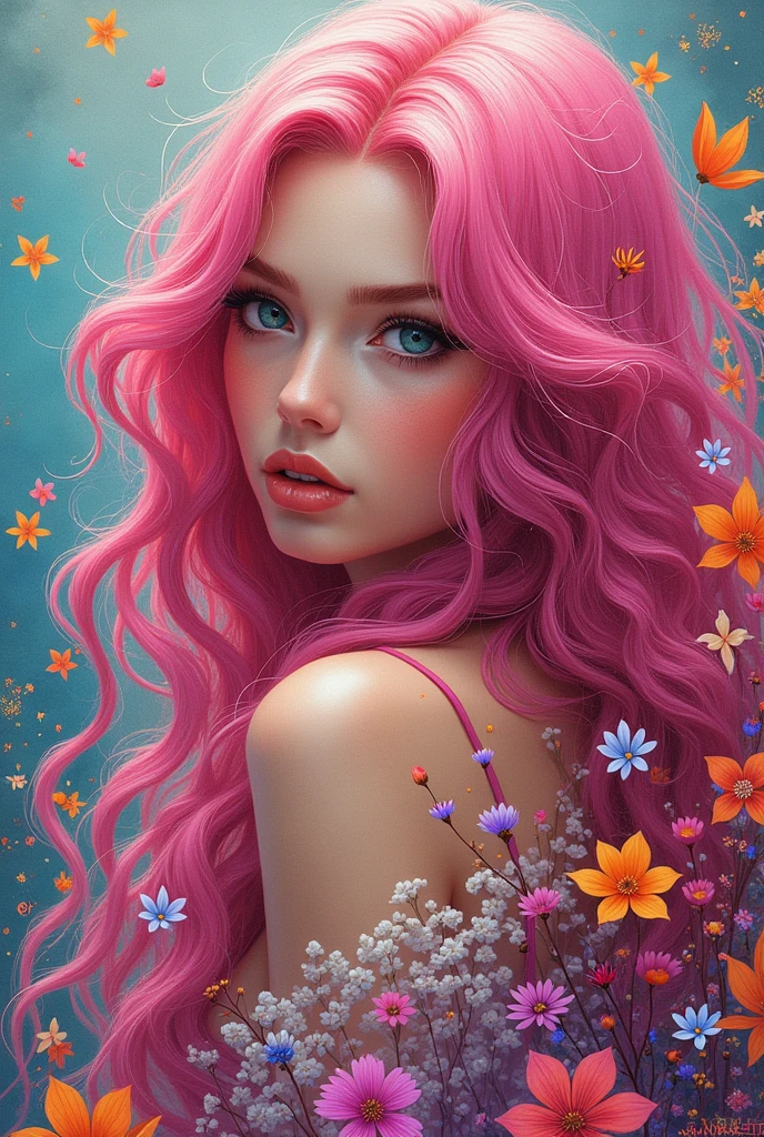 a beautiful girl with beautiful eyes, with pink hair, stands near trees with grapes. stylization, 16k, illustration, composition