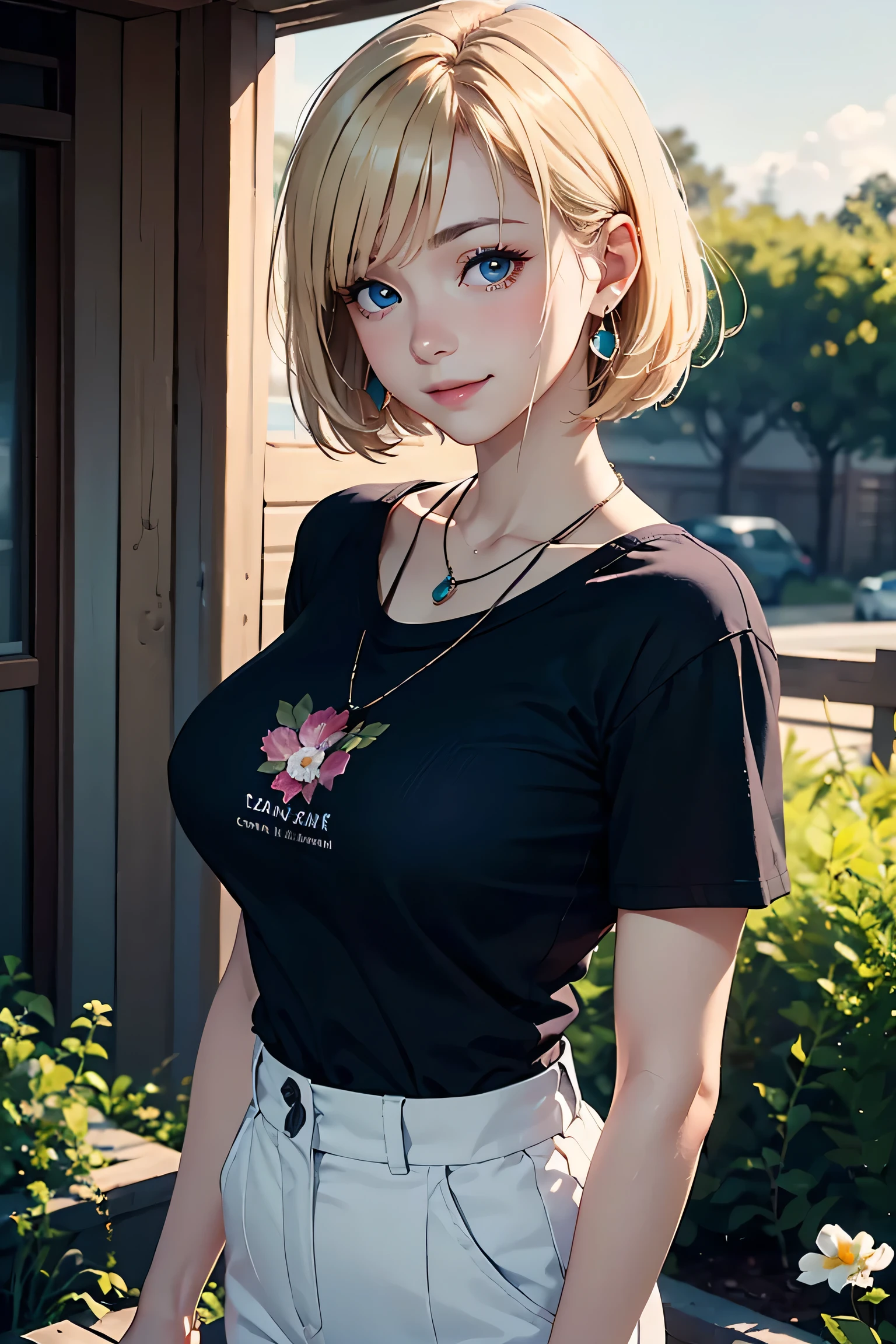 pretty 1girl, absurdres, 8k uhd, platinum blonde hair, bob cut, medium breasts, black tshirt, denim shorts, garden background, flowers, magnolias, apple tree, close up portrait