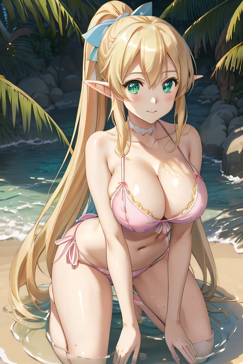 close up 1girl in, photo of leafa, Kirigaya Suguha, Solo, (straight blonde hair, ponytail, very long blonde hair, vivid green eyes), (perfect clear skin, pale skin, detailed skin, massive breasts, round breasts, Cleavage, perfect body), (thin hips, thin waist: 1.25), neutral face, cute smile, elf ears, (wearing a pink bikini with blue ribbon string: 1.25), (on a beach in japan, Japanese architecture, Sandy Beach, kneeling in the water, hand reaching in bikini bottom), (realistic photo, best quality, detailed), (8k wallpaper), (cinematic lighting, beautiful light, (day:1.3)) (sharp focus, intricate), (dslr, realistic, looking at viewer, sharp focus, delicate, soft colors, cinematic)