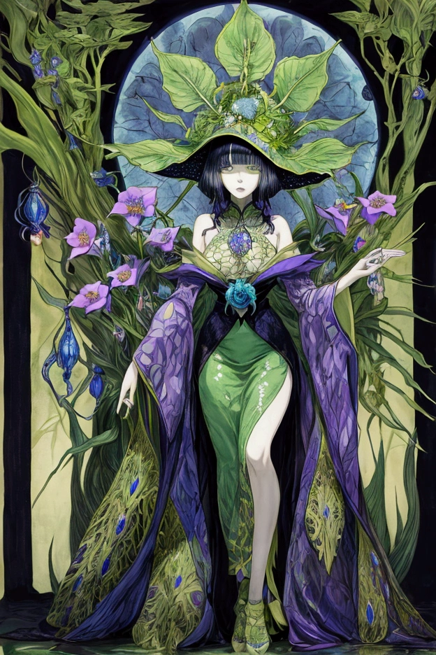 ((best quality)), ((highly detailed)), masterpiece, ((official art)), extremely detailed face, beautiful face, (detailed eyes, deep eyes), (1girl), cowboy shot, <lora:alraune_v1:1>, alurane \(monster girl encyclopedia\), plant girl, leaves, ((Sage skin:1.33)), flowers, vines, giant flower, dandelion, nectar, plant, (plant clothes), medium breasts, monster girl, <lora:amano_yoshitaka:1>, amano yoshitaka, illustration, traditional media