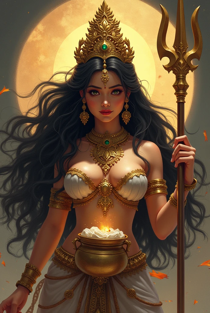 Hot a beautiful hindu goddess, detailed face, piercing eyes, full lips, long flowing dark white and golden dress, holding a trishul, a majestic lion nearby, intricate jewelry, glowing ethereal aura, highly detailed, photorealistic, dramatic lighting, vibrant colors, ornate background, digital art black long hair