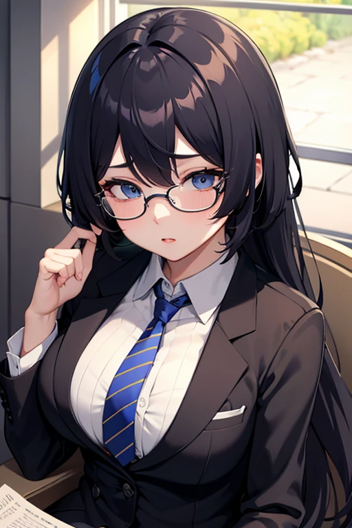 ((highest quality)), ((masterpiece)), (detailed), One girl, Black Hair、Semi-long hair、Asymmetrical bangs、In a suit、Big 、Sweating、Tired face、Within the company、Sitting at a desk、Loosened tie、With legs apart、Underwear is visible、Lace Underwear、Square silver glasses、Dark Eyes、Exposing cleavage、