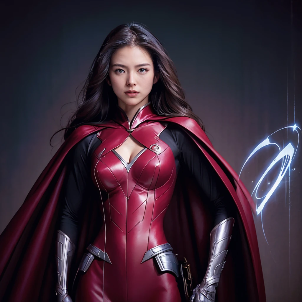 High resolution, Ultra high definition, high quality, masterpiece, woman、30th Generation、Center parted hair、Large Breasts, Perfect Style、Hero suit with cape and logo on chest、Dynamic pose、Superhero、Downtown Tokyo、